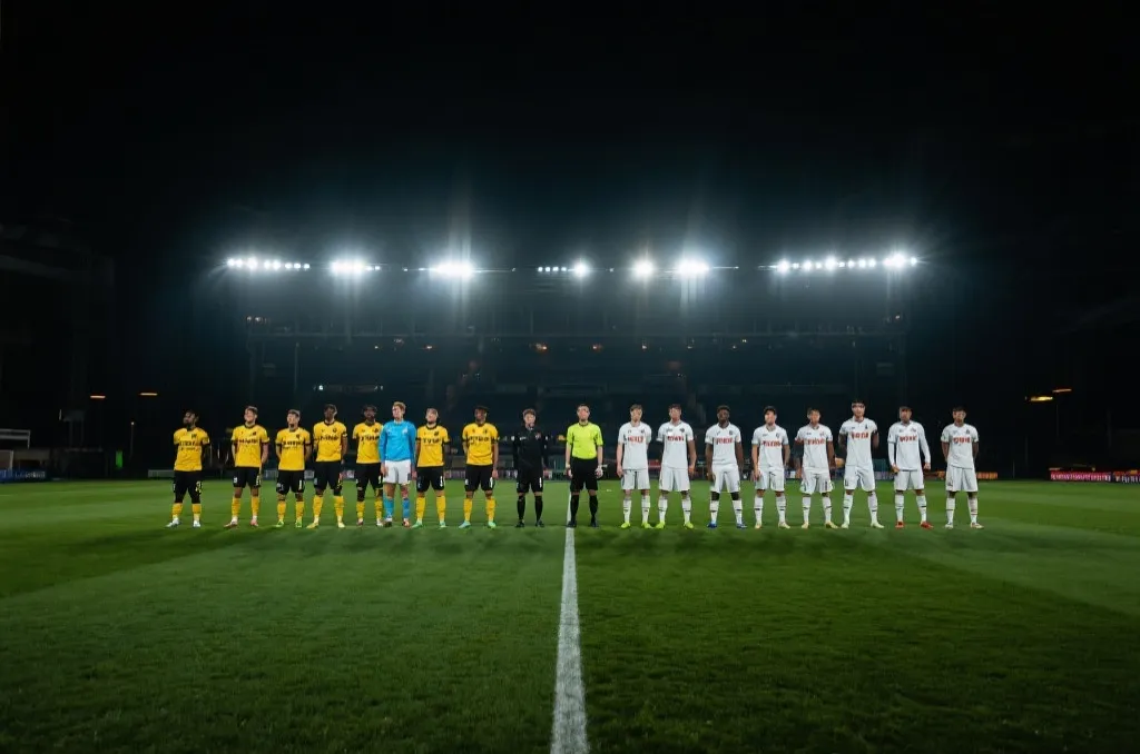 球员在灯光下握手并准备进入比赛的氛围画面